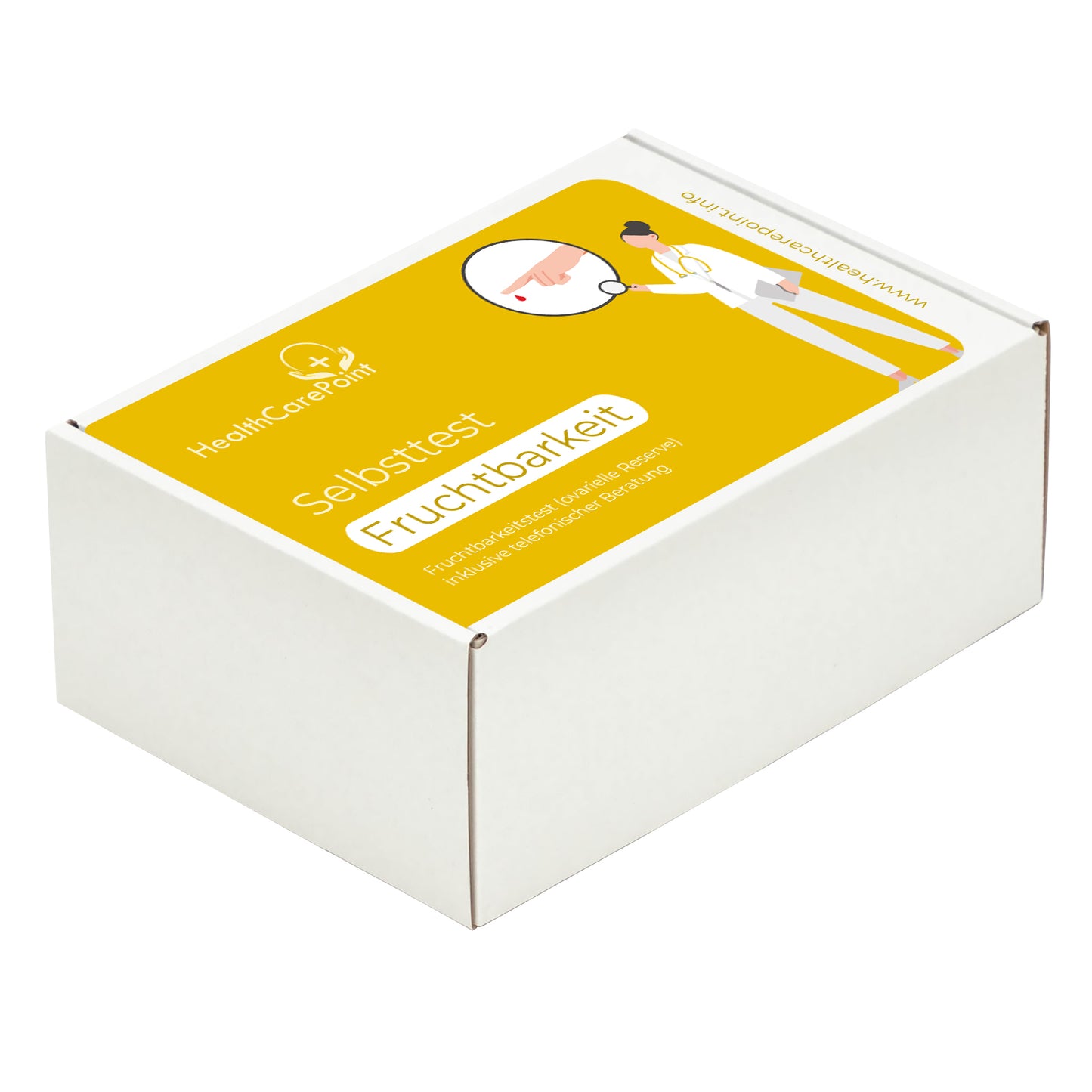a white box with a yellow sticker. selbsttest fruchtbarkeit ovarielle reserve